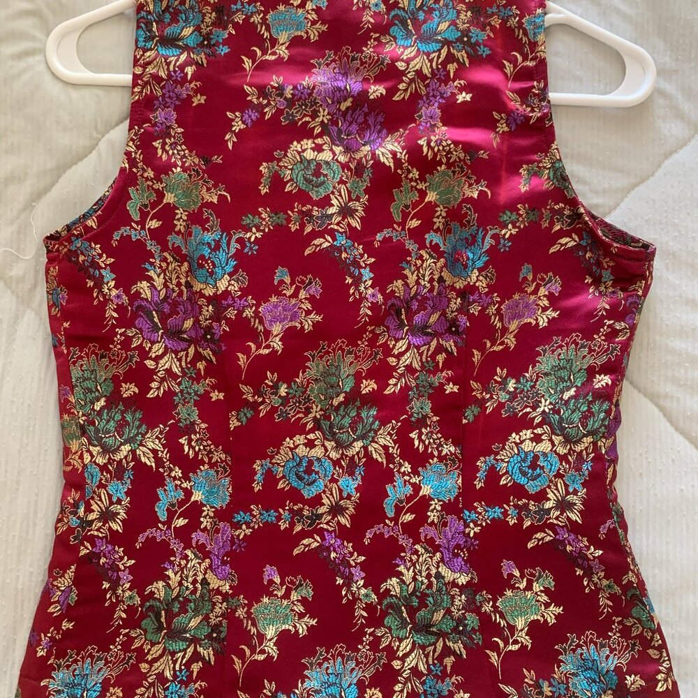 Vintage Red Floral Brocade Sleeveless Satin Top Cheongsam V-Neck Blouse S - Picture 3 of 9